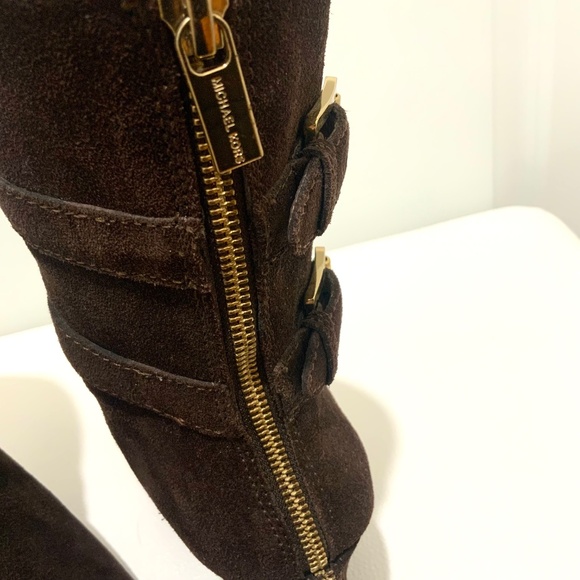 Michael Kors Parker Brown Suede Leather Wedge Bootie Exposed Zip Ankle Boots 7.5 - Picture 13 of 16